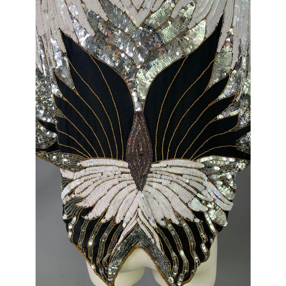 80s Lillie Rubin Evening Black White & Silver Sequins & Beads Butterfly Top - Picture 5 of 6